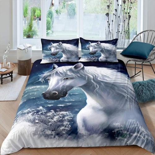 Parure De Lit Cheval Blanc Pour Enfants, Gar?Ons Et Adolescents, Housse De Couette Sur Le Th¿¿Me Des Animaux Sauvages, Housse De Couette En Polyester Doux