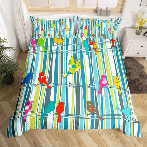 Housse De Couette Avec Oiseaux Color¿¿S, Rayures G¿¿Om¿¿Triques, D¿¿Coration De Chambre D'enfants, Filles Et Femmes, Style Boho Exotique, Literie Se