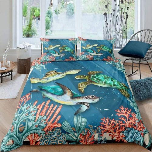 Housse De Couette Tortue Verte, Ensemble De Literie Avec Animaux De L'oc¿¿An, Tortue De Natation, Pour Enfants Et Adolescents, Corail Rose, Housse De Couette Vintage Douce