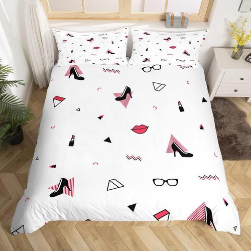 Housse De Couette ¿¿ L¿¿Vres Rouges, Ensemble De Literie ¿¿ Talons Hauts, Maquillage ¿¿ La Mode, D¿¿Cor De Chambre Pour Enfants Filles Et Femmes, Beaut¿¿ Moderne Et F¿¿Minine