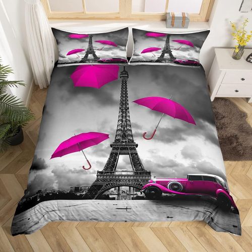 Parure De Lit Tour Eiffel, Housse De Couette, Parapluie Rouge, Jour Nuageux, Pour Enfants, Adolescents, Gar?Ons, D¿¿Cor De Chambre, C¿¿L¿¿Bre Batiment De Ville, Confort