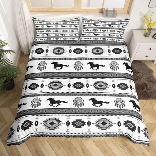 Housse De Couette Cheval Attrape-R¿ºves, Ensemble De Literie Exotique Boho Pour Enfants, Adolescents, Adultes, D¿¿Cor De Chambre, Rayures G¿¿Om¿¿Triques Florales, Confortable