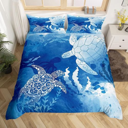Tortue De Mer Housse De Couette Double Poulpe Algues Silhouette Ensemble De Literie Pour Adolescents Filles Chambre Bleu Marine Cravate Colorant Couette Unde