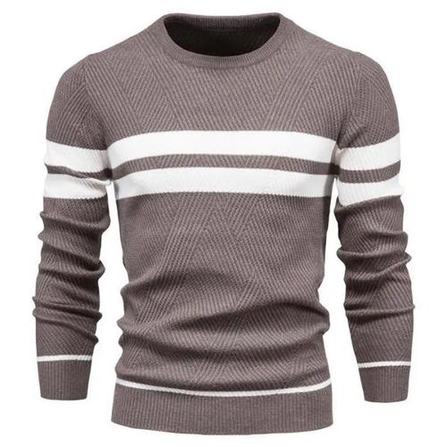 Pull Homme,Pulls Homme Col Arrondi L'automne Hiver,Classiques En Maille Bande Pull-Over Tricot Manches Brun