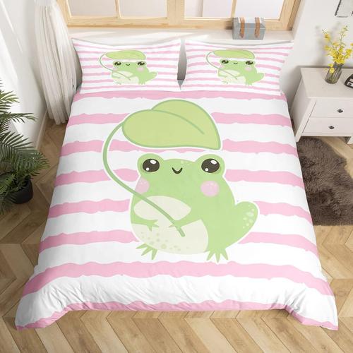 Housse De Couette En Forme De Grenouille, Ensemble De Literie ¿¿ Rayures Roses, Feuilles De Reine, Pour Enfants, Adolescents, Gar?Ons Et Filles, D¿¿Cor De Chambre, Animaux