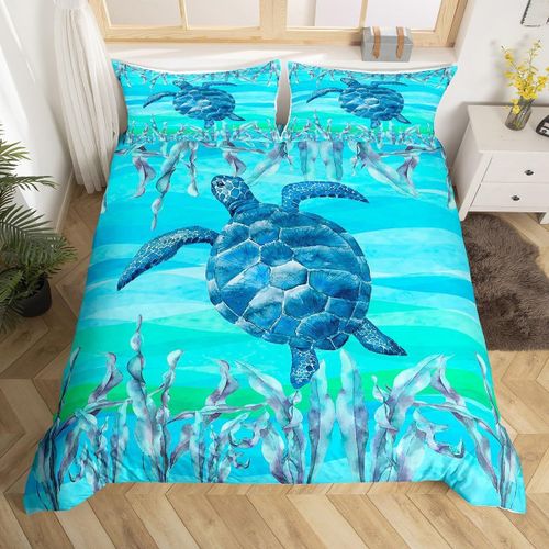 Housse De Couette Tortue De Mer Aquarelle Bleue, Ensemble De Literie Mignon Sauvage Sealife Pour Enfants, Adolescents Et Adultes