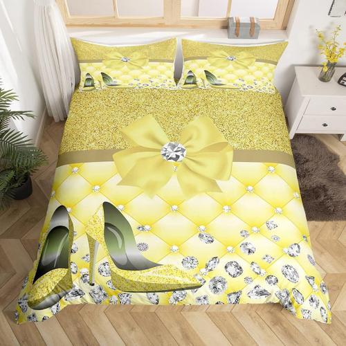 Housse De Couette ¿¿ Paillettes Et Diamants, Ensemble De Literie Pour Enfants, Chaussures ¿¿ Talons Hauts, Jaune Et Argent, Pour Chambre De Gar?Ons Et De Filles