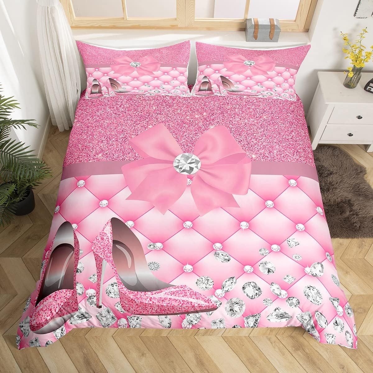 Housse De Couette Avec Chaussures ¿¿ Talons Hauts, Housse De Couette ¿¿ Paillettes Et Diamants, Pour Adolescents, Adultes Et Enfants, Ensemble De Literie Rose Et Argent¿¿, D