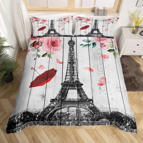 Tour Eiffel Housse De Couette Enfants Rouge ¿¿ Fleurs Et Parapluie Ensemble De Literie Romantique Paris Housse De Couette Pour Gar?Ons Filles Chambre Dec