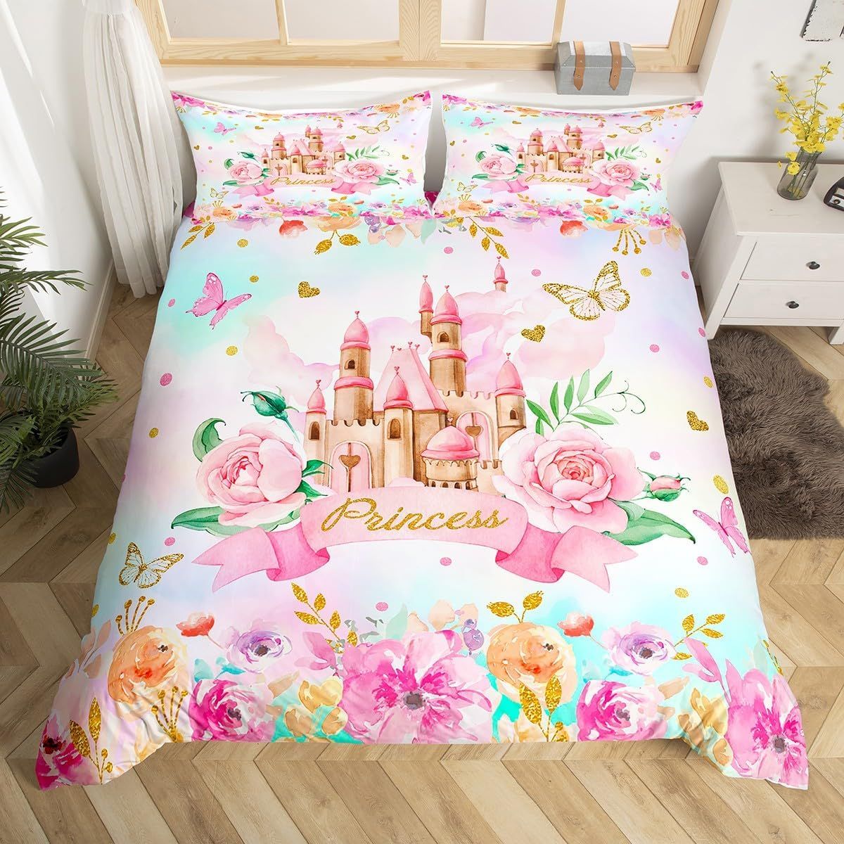 Ensemble De Literie Chateau De R¿ºve Pour Filles, Housse De Couette Aquarelle Rose Pour Adolescents Et Enfants, Housse De Couette Papillon, D¿¿Coration De Chambre D'enfant