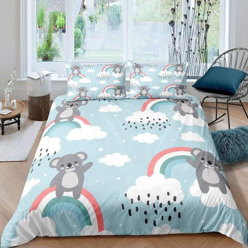 Parure De Lit Raton Laveur Pour Enfants, Ensemble De Literie En Polyester Doux, Nuages Blancs, Arc-En-Ciel Et Points De Pluie, D¿¿Coration, Housse De Couette En Forme D'an