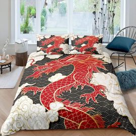 Ensemble De Literie Dragon Chinois Pour Enfants, Housse De Couette Imprim¿¿E Dragon Rouge Et Nuage Blanc, Mythologie, Housse De Couette En Microfibre Wi