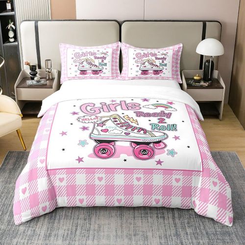 Housse De Couette Pour Patins ¿¿ Roulettes, Ensemble De Literie Avec Grille Rose Aquarelle, Jolis C?Urs, Pour Enfants Filles Et Adolescentes, ¿¿Toiles De R¿ºve Rainb