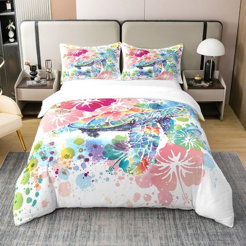 Housse De Couette En Forme De Tortue De Mer Aquarelle, Ensemble De Literie De R¿ºve Avec Fleurs De Cerisier, Pour Enfants, Adolescents Et Adultes, Graffiti Hippie Color¿¿