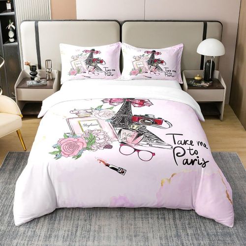 Tour Eiffel Housse De Couette Dessin Anim¿¿ Rose Girly N?Ud Papillon Ensemble De Literie Pour Enfants Filles Adolescents Doux Coeur Aquarelle Parfum