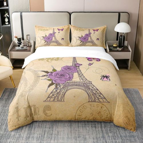 Tour Eiffel Housse De Couette R¿¿Tro Violet Rose Dessin Anim¿¿ Papillon Sauvage Ensemble De Literie Pour Enfants Adolescents Adultes Rose Parfum Girly R