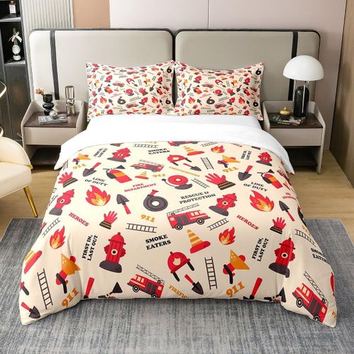 Housse De Couette De Camion De Pompier De Dessin Anim¿¿, Ensemble De Literie De V¿¿Hicule De Construction Urbaine Moderne Pour Enfants Gar?Ons Adolescents Aquarelle Flamme