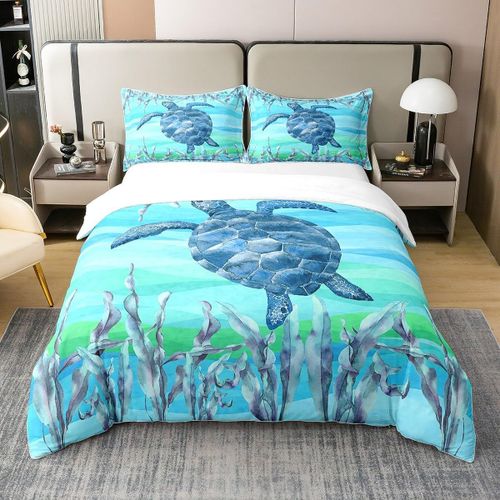 Housse De Couette En Forme De Tortue De Mer, Ensemble De Literie Bleu Aquarelle, Mignon, Vie Sauvage, Pour Enfants, Adolescents, Adultes, Teinture Par Nouage, Plantes D'a