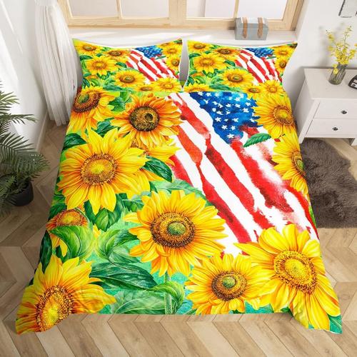 Housse De Couette Tournesols Jaunes, Ensemble De Literie Aquarelle, Drapeau Am¿¿Ricain, Fleurs Sauvages, Pour Enfants, Adolescents, Adultes, Peinture ¿¿ L'huile, Weste