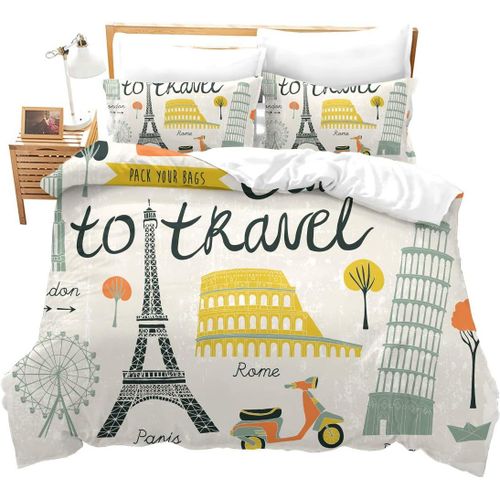 Parure De Lit Queen Pour Enfants Et Adolescents, Housse De Couette ¿¿ Th¿¿Me De Voyage, D¿¿Corative, Moderne, Dessin Anim¿¿, Tour Eiffel, Imprim¿¿E