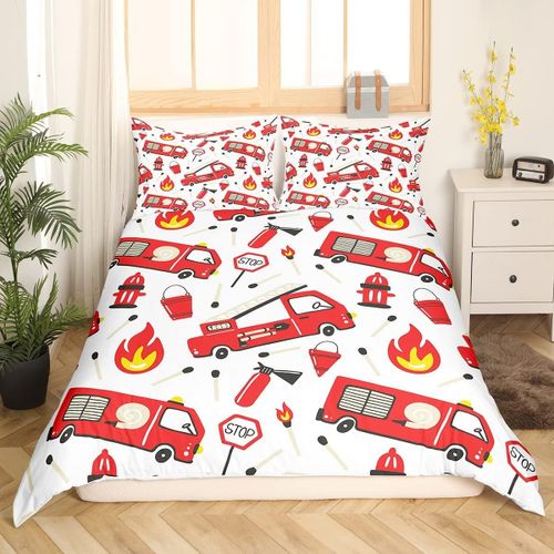 Housse De Couette Peinture Camion De Pompier, Housse De Couette De Voiture, Dessin Anim¿¿ Mignon, V¿¿Hicule De Pompier, Ensemble De Literie, Moteur De Pompier Pour Enfants