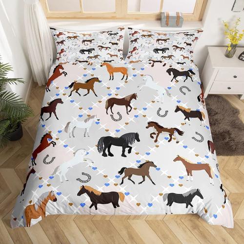 Parure De Lit Cheval Pour Enfants, Ensemble De Literie Kawaii, Housse De Couette Pour Filles Et Femmes, Gris, Carreaux De Buffle, Plaid, D¿¿Coration En C?Ur