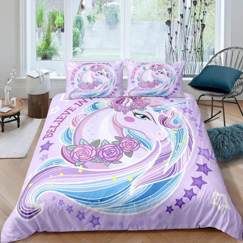 Parure De Lit Licorne Violette Lavande, Jolie Housse De Couette Pour Chambre De Fille, Enfants Et Adolescents, Pi¿¿Ces Florales Cheval Girly