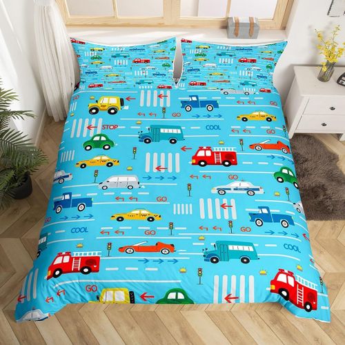 Housse De Couette De Voiture De Dessin Anim¿¿, Ensemble De Literie De Voiture De Dessin Anim¿¿, Housse De Couette De Voiture De Camion De Pompier Pour Enfants Gar?Ons Fille
