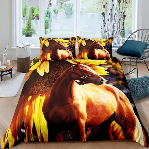 Parure De Lit Cheval Pour Filles, Housse De Couette, Cheval De Ferme, Tournesol, Pour Enfants Et Adolescents, Animal Sauvage, D¿¿Coration De Chambre Florale Chic