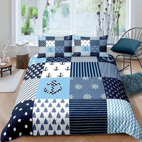 Housse De Couette Nautique, Ensemble De Literie En Patchwork, Th¿¿Me De Navigation, Ancre, Boussole, Bateau ¿¿ Voile, Housse De Couette Imprim¿¿E Pour Ki