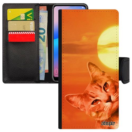 Coque Samsung Galaxy S23 Fe Rabat Portefeuille Porte Cartes Chat Ciel Animal Matou Case Orange Design Couché De Soleil Personnalisé