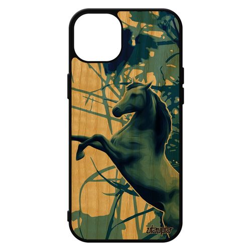 Coque Bois Naturel Iphone 15+ Plus Silicone Cheval Portable Feuilles Caoutchouc Poney Design Antichoc Nature Equitation Bleu