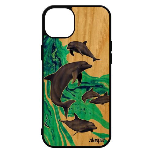 Coque En Bois Dauphin De Protection Iphone 15+ Plus Silicone Marsouin Texture Marin Peinture Telephone Animal Cover Smartphone