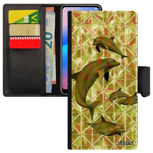 Coque Pour Iphone 15 Pro Max Simili Cuir Portefeuille Dauphin Vert Animaux Housse Telephone Marsouin Design Mer Made In France