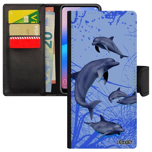 Coque Iphone 15+ Plus Rabat Portefeuille Silicone Dauphin Fonds Marins Personnalisé Telephone Marsouin Solide Design Algue De