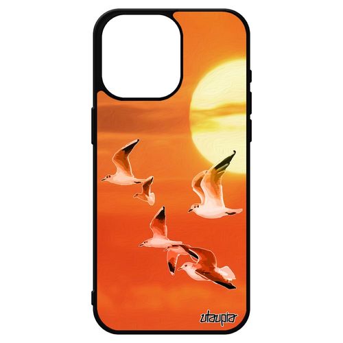 Coque Oiseaux Mouettes Iphone 15 Pro Max En Silicone Design Orange Animal De Protection Ciel Couché De Soleil Marin Nature Mer
