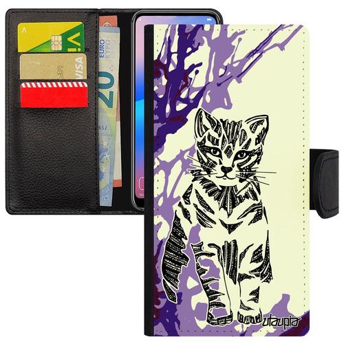 Coque Rabat Telephone Iphone 15 Porte Cartes Chat Noir Femme Art Fantaisie Azteque Smartphone Violet Chaton Peinture Animal De