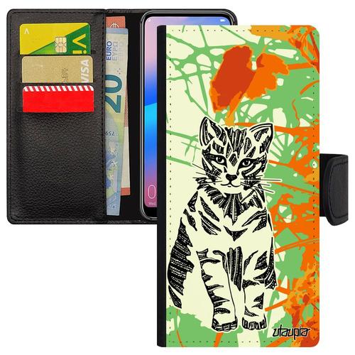 Coque Chat Iphone 15 Pro Max Simili Cuir Rabat Portefeuille Porte Cartes Telephone Jolie Rigide Fleur Mignon Petit Orange Etui