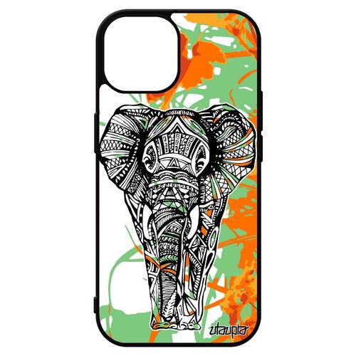 Coque Iphone 15 Silicone Elephant Animaux Portable Housse D'asie Tribal Smartphone Ethnique Feuilles Caoutchouc Nature Memoire