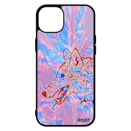 Coque De Protection Pour Iphone 15+ Plus En Silicone Loup Pastel Chien Tattoo Alu Souple Tribal Bleu Ethnique Made In France