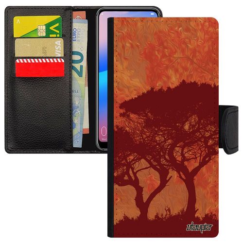 Coque Rabat Rigide Iphone 15 Pro Max Simili Cuir Portefeuille Arbres Rouge Savane Feuilles Pas Cher Etui Zen Soleil Afrique De