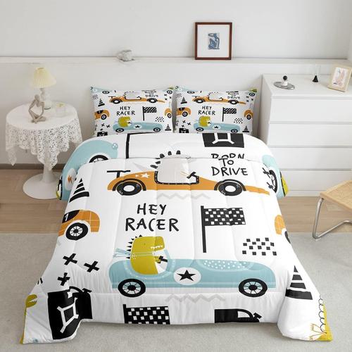 Ensemble De Couette En Coton Pour Enfants, Ensemble De Literie De Jeu De Sport De Course, D¿¿Cor Mignon De Dinosaure Racer, Cadeau Pour Les Amoureux De La Course