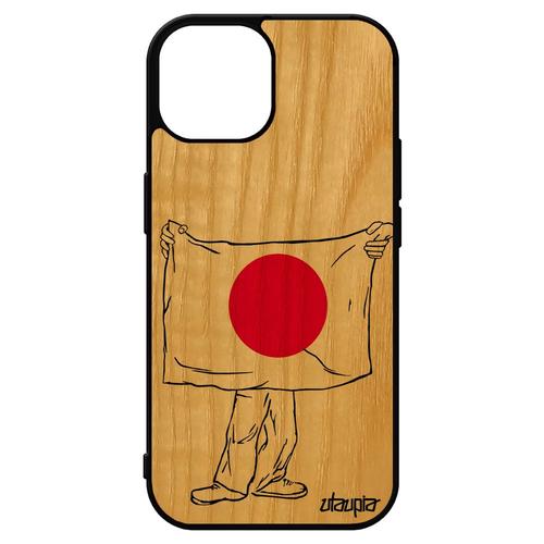 Coque Vrai Bois Naturel Drapeau Japon Japonais Iphone 15 Silicone Foot Football Noir Jeux Olympiques Rigide Jo Coupe Du Monde