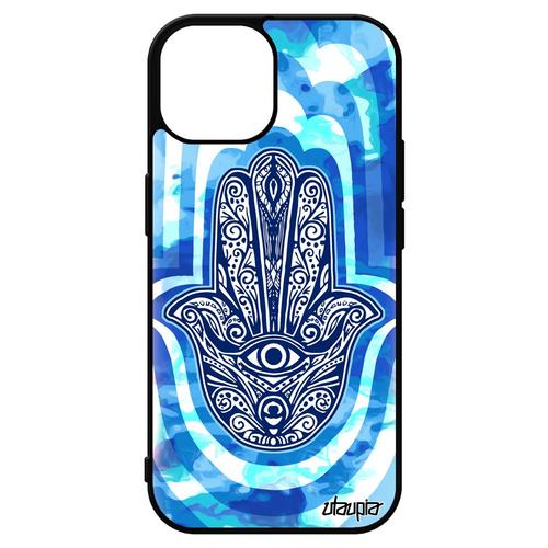 Coque Main De Fatma Pour Iphone 15 Silicone Dessin Porte Bonheur Fatima De Protection Bleu Solide Berbere Talisman Housse Il