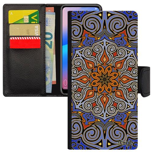 Coque Mandala Iphone 15+ Plus Cuir Rabat Porte Cartes Fleur Tibetain Fantaisie Hindou Homme Mobile Bleu Motif À Clapet Rosace