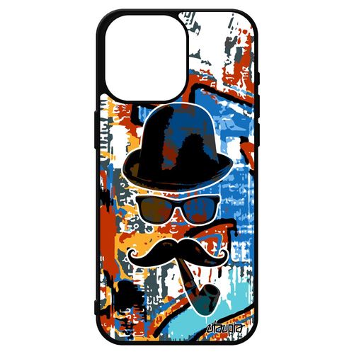 Coque Telephone Iphone 15 Pro Max Silicone Monsieur Moustache Pipe Peinture Smartphone Orange Portable Street Art Design Art