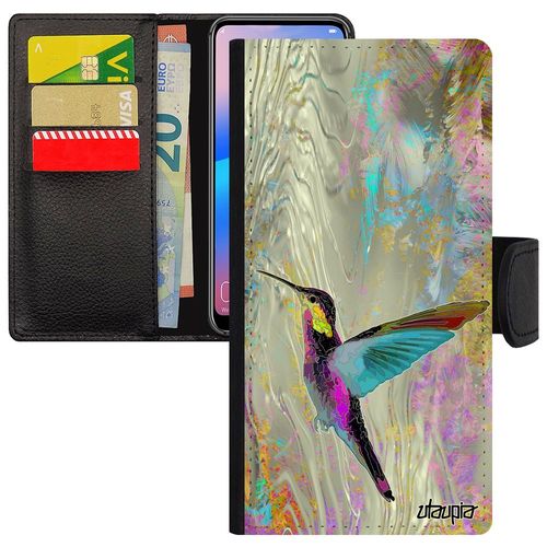 Coque Iphone 15 Pro Simili Cuir Portefeuille Colibri Violet Antichoc Ecologie Plumes Design Oiseau Floral Personnalisé Nature