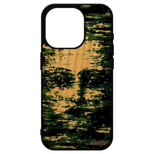 Coque En Bois Iphone 15 Pro Silicone Portrait Portable Camouflage Militaire Art Femme 4g Original Case Artistique Vert Armée