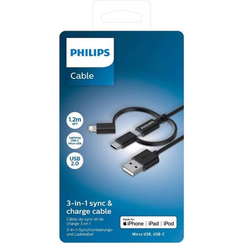 Philips DLC3104T/03 Câble de charge multiple 3 en 1 pour Apple iPhone Lightning - Câble USB-C - Câble micro USB - Samsung - 1,2 m - Noir