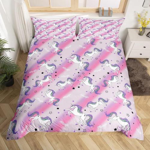 Parure De Lit Licorne Pour Filles, Rose, Violet, Cheval De R¿ºve, Housse De Couette Pour Enfants, ¿¿Toiles Scintillantes, Rayures Arc-En-Ciel